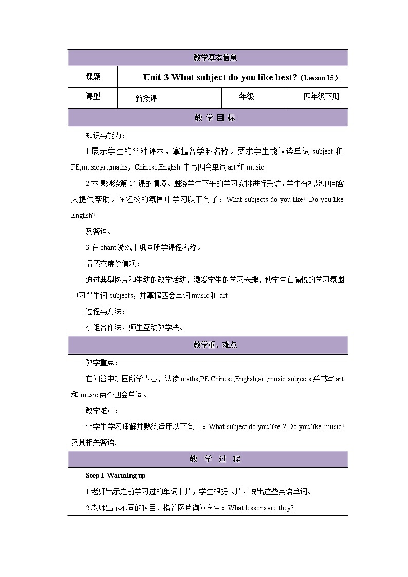 Unit 3 What subject do you like best？-Lesson 15教案1  四年级英语下册-人教精通版（三起）01