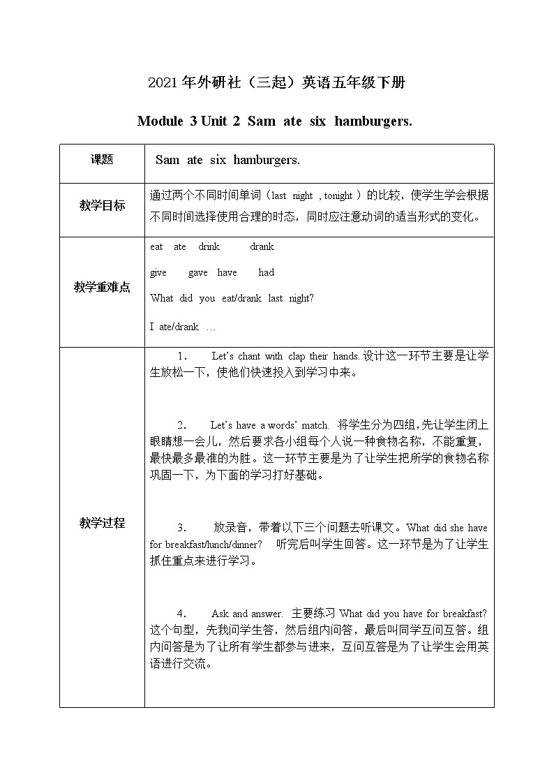 Module3 Unit2 Sam ate four hamburgers. 课件+教案+练习（无音频素材）01