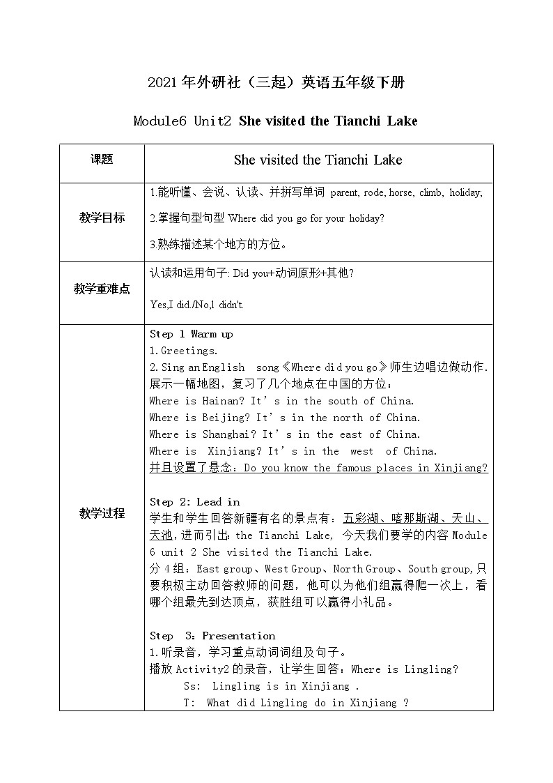 Module6 Unit2 She visited the TianChi Lake 课件+教案+练习（无音频素材）01