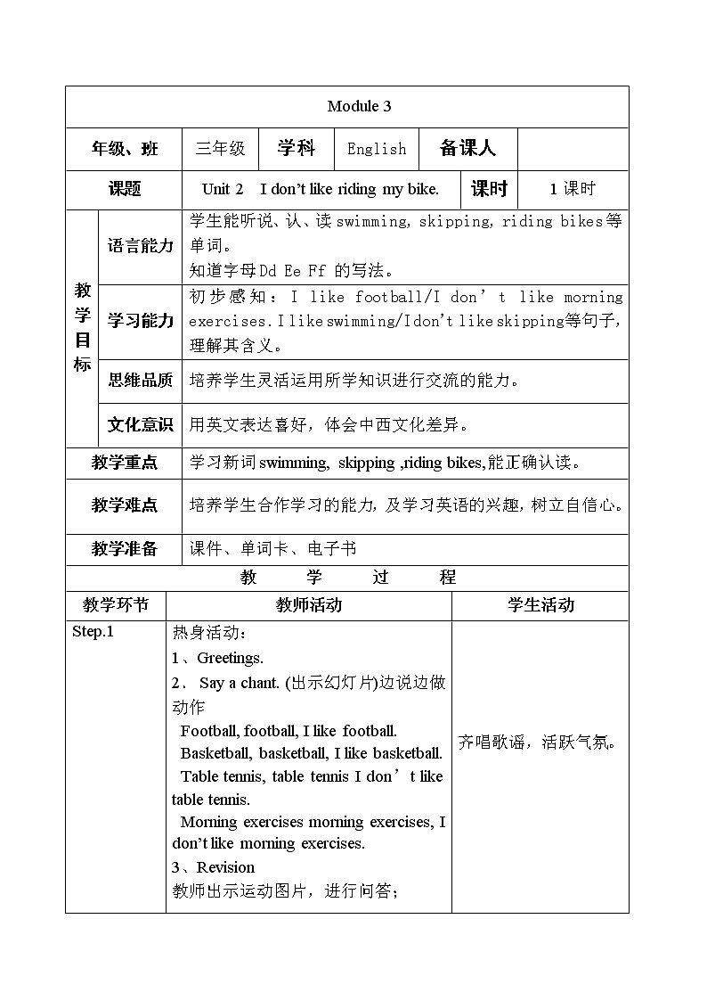 M3 Unit 2  I don’t like riding my bike.教案第1页