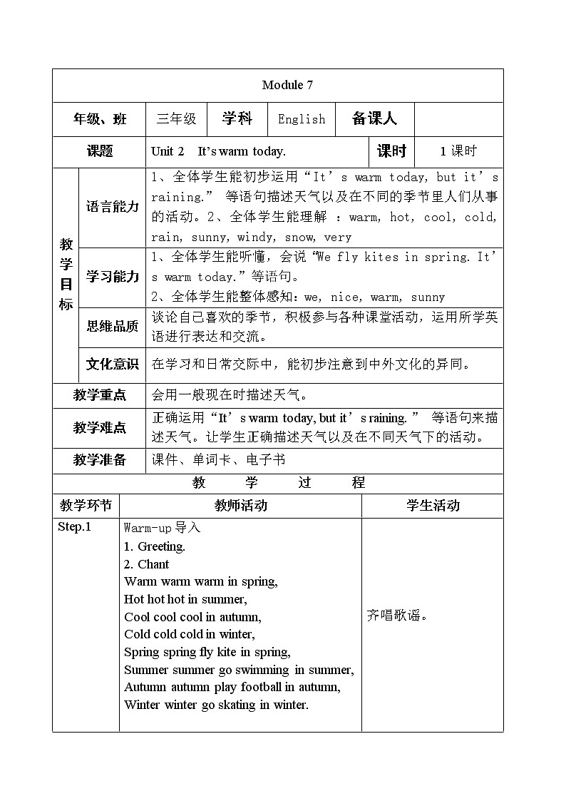 M7 Unit 2  It’s warm today.教案01