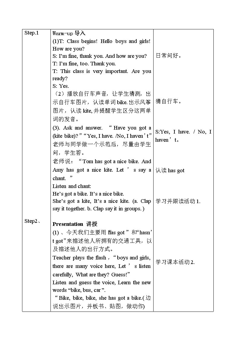 M9 Unit 2  Has Amy got a bike教案第2页