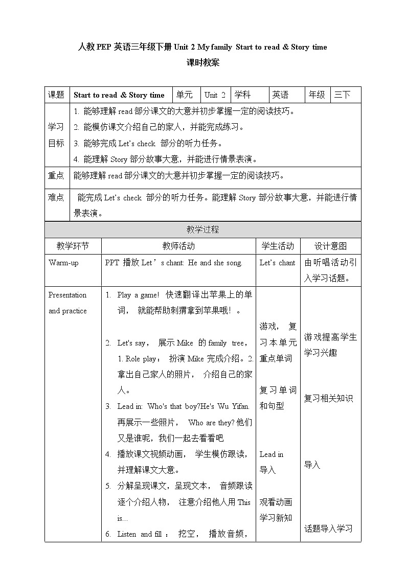 Unit 2 My family Start to read & Story time(公开课） 教案第1页