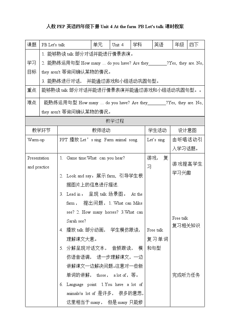 Unit 4 At the farm PB let 's talk(公开课） 教案第1页