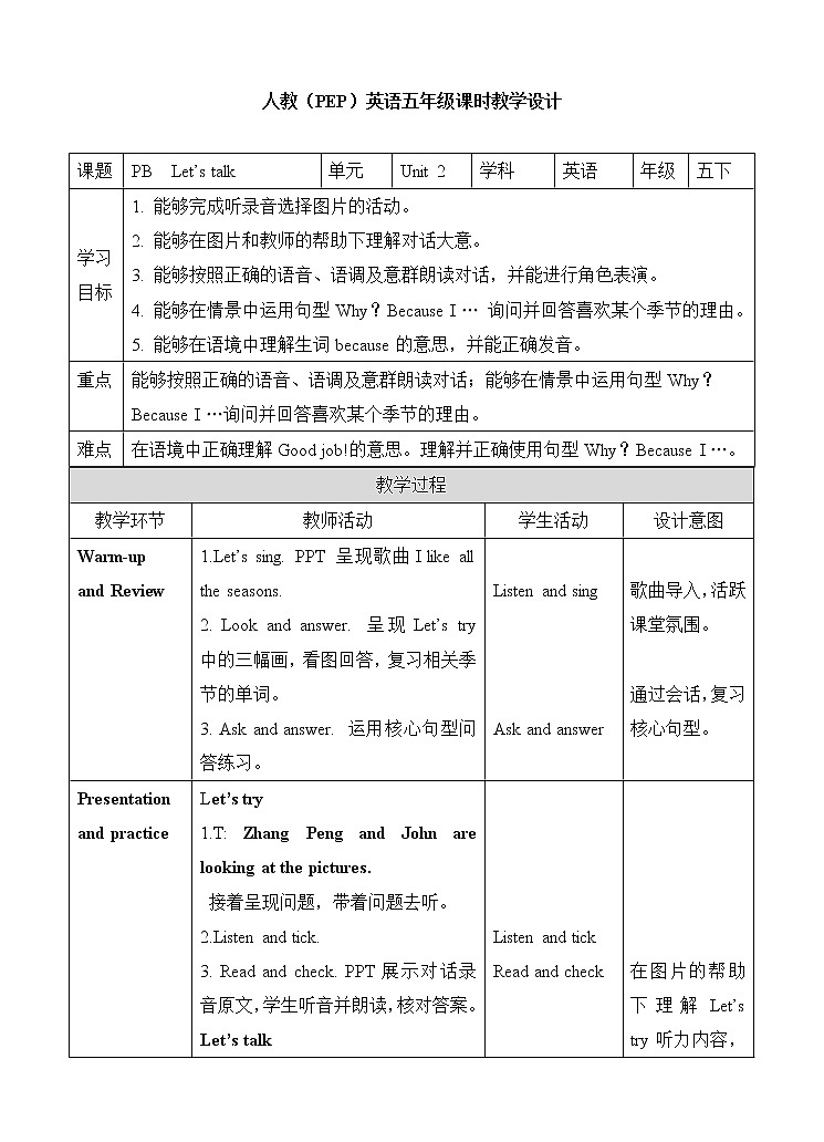 人教版英语5年级下册 unit 2 B1  PPT课件+教案01