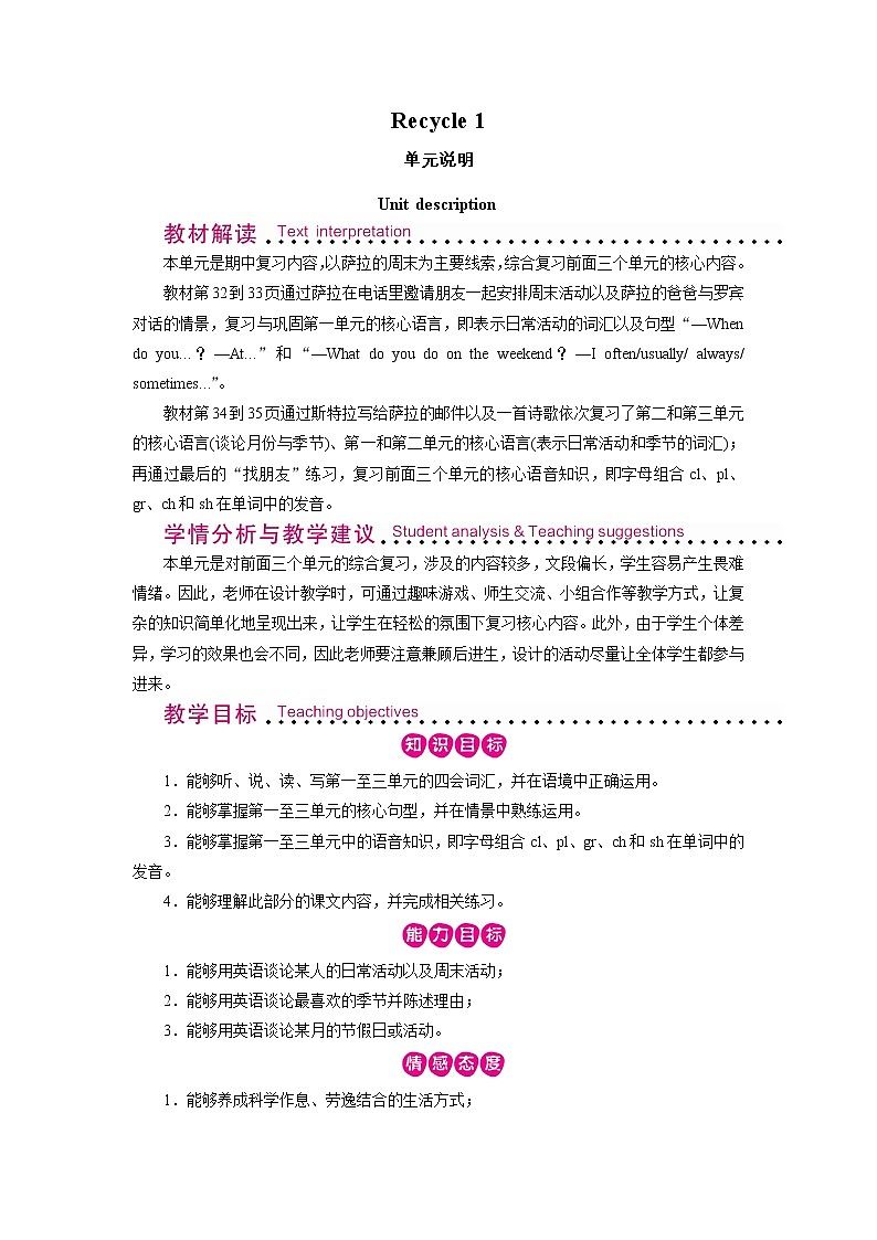 人教英语5年级下册 Recycle 1 第1课时 PPT课件+教案01