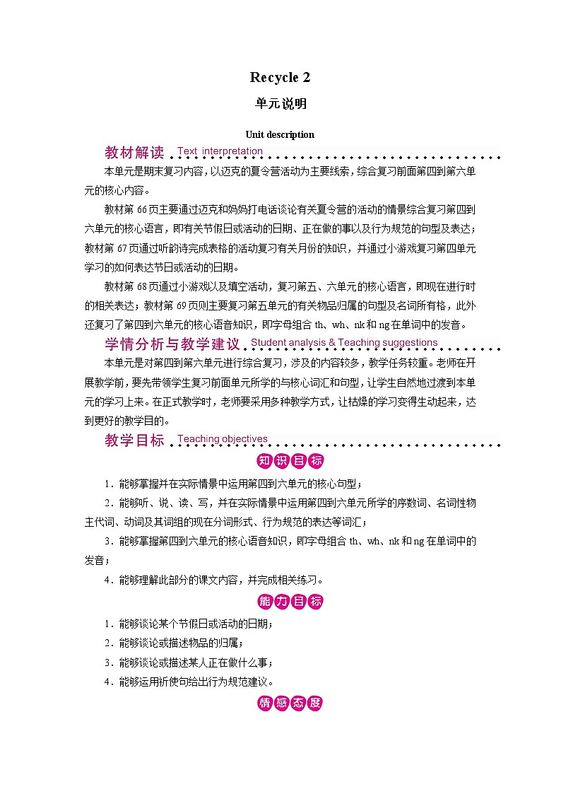 人教英语5年级下册 Recycle 2 第1课时 PPT课件+教案01