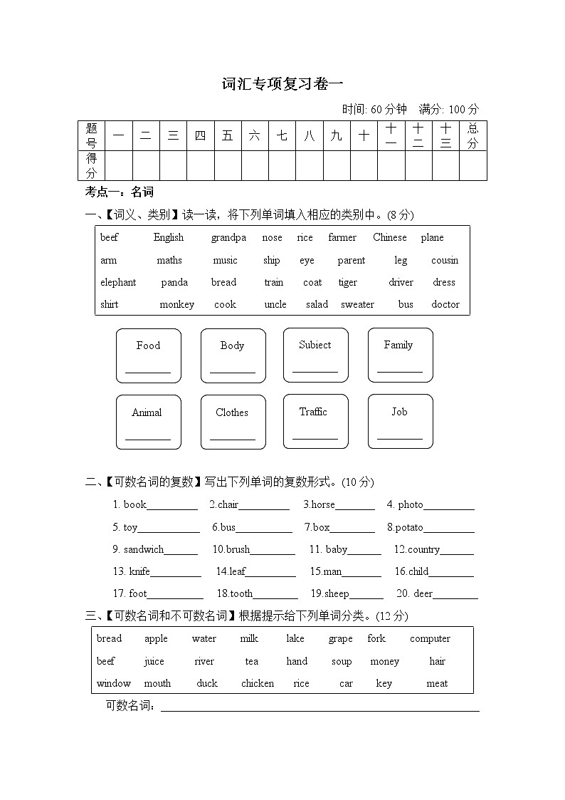 人教PEP版六年级下册英语 词汇专项复习卷一01