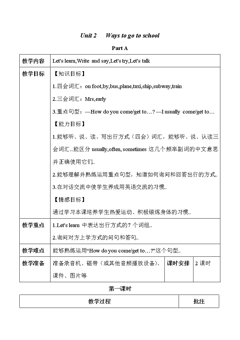 人教版英语六年级上册导学案设计Unit 2 单元教案 1第1页