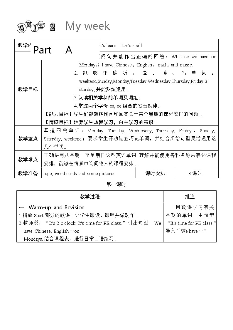 人教版五年级上册英语教案设计Unit 2 单元教案 101