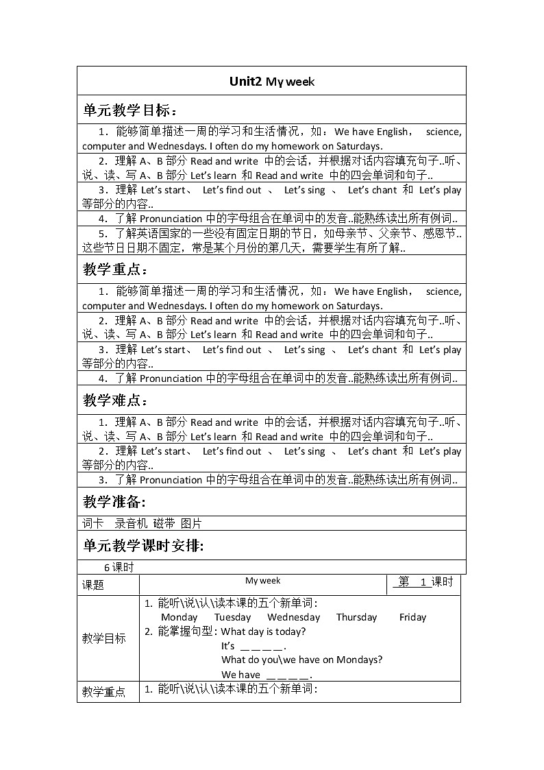 人教版五年级上册英语教案设计Unit 2 单元教案 301