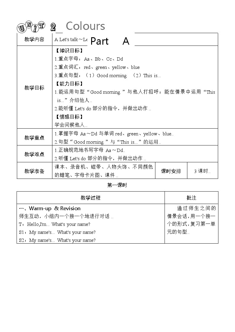 人教版三年级上册英语教案设计Unit 2 单元教案 1第1页