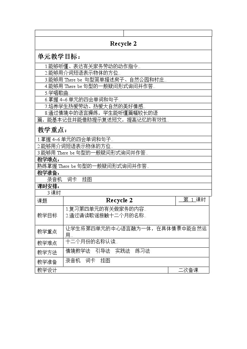 人教版五年级上册英语教案设计Recycle 2 单元教案 3第1页
