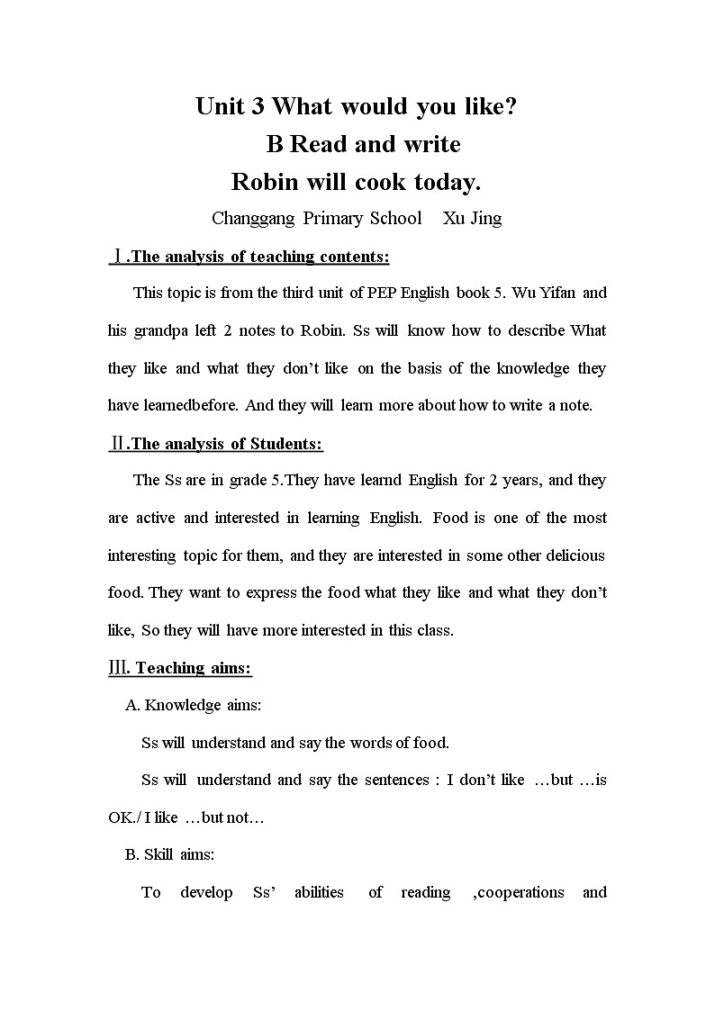 人教版五年级上册英语教案设计Unit 3 单元教案（英文）01