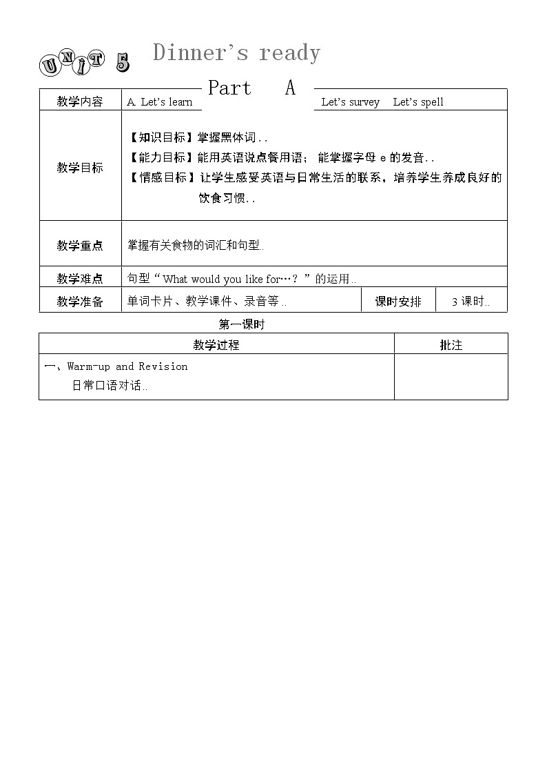 人教版英语四年级上册导学案设计Unit 5 单元教案 101