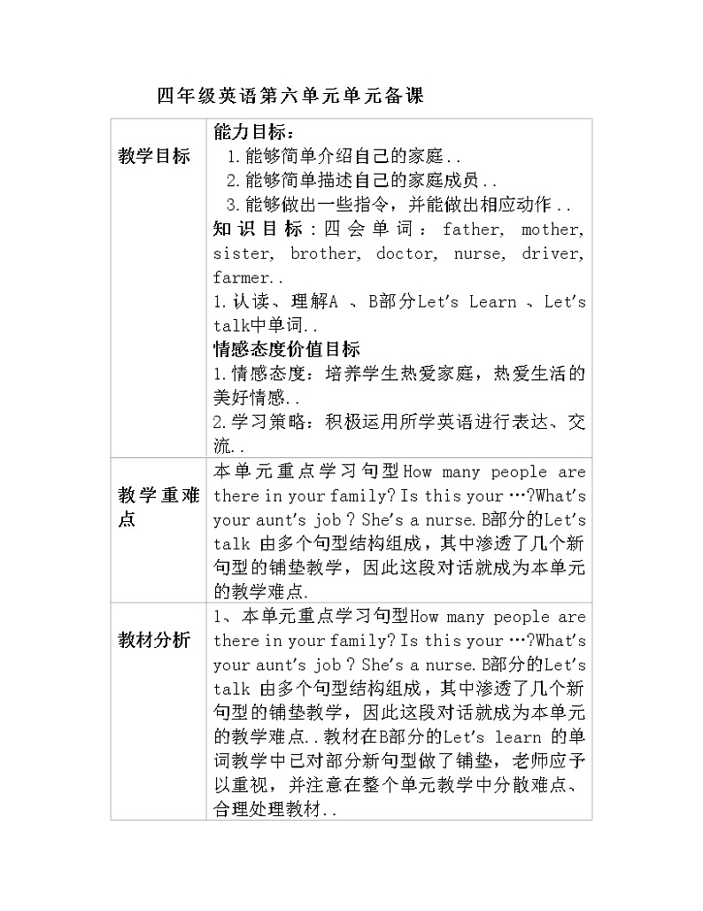 人教版英语四年级上册导学案设计Unit 6 单元教案 301