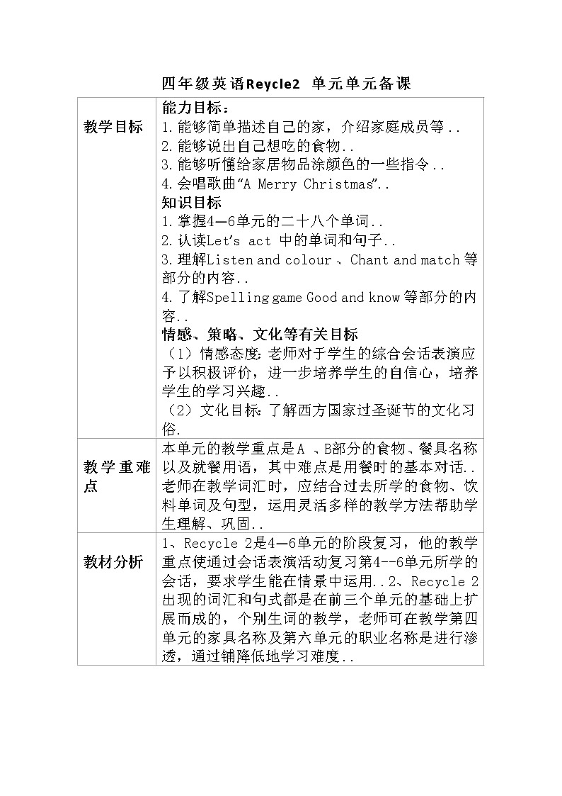 人教版英语四年级上册导学案设计Recycle 2 单元教案 101