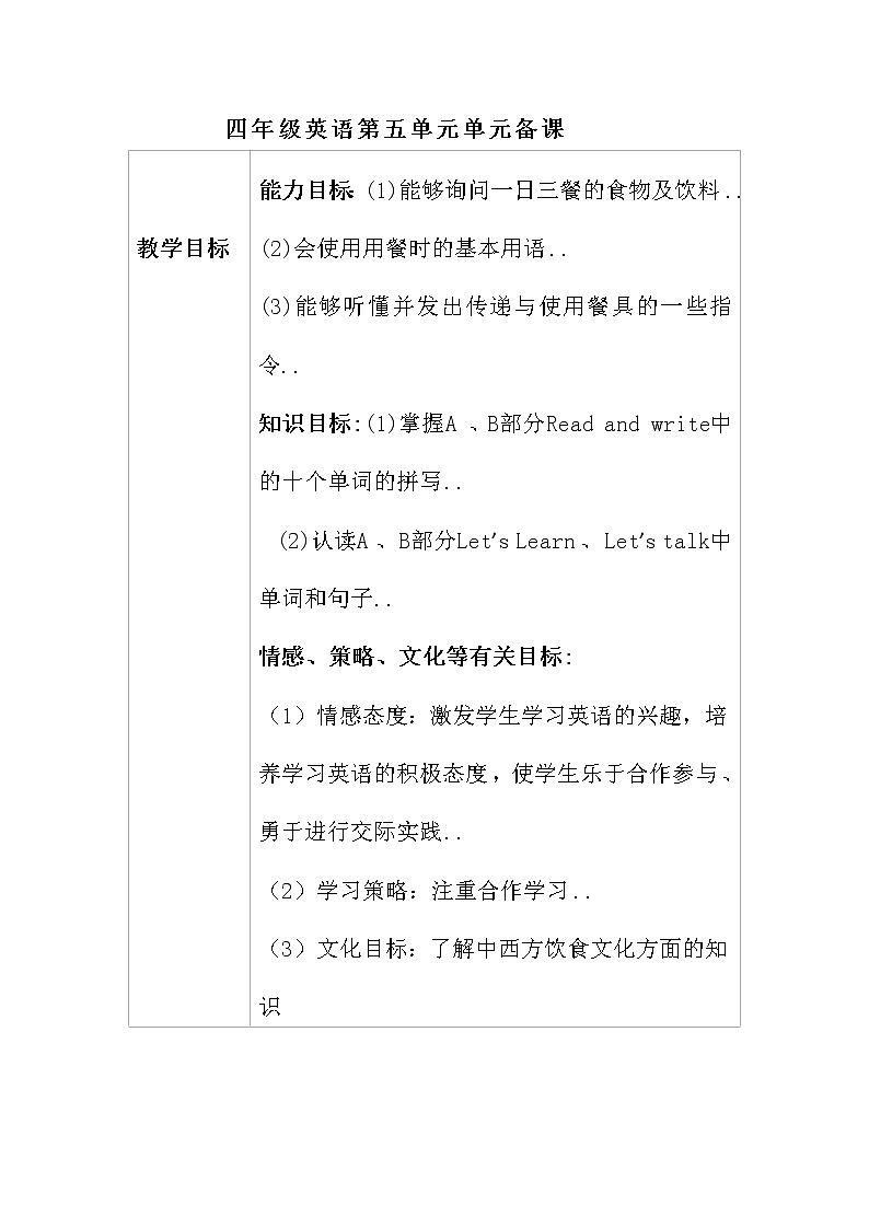 人教版英语四年级上册导学案设计Unit 5 单元教案 301