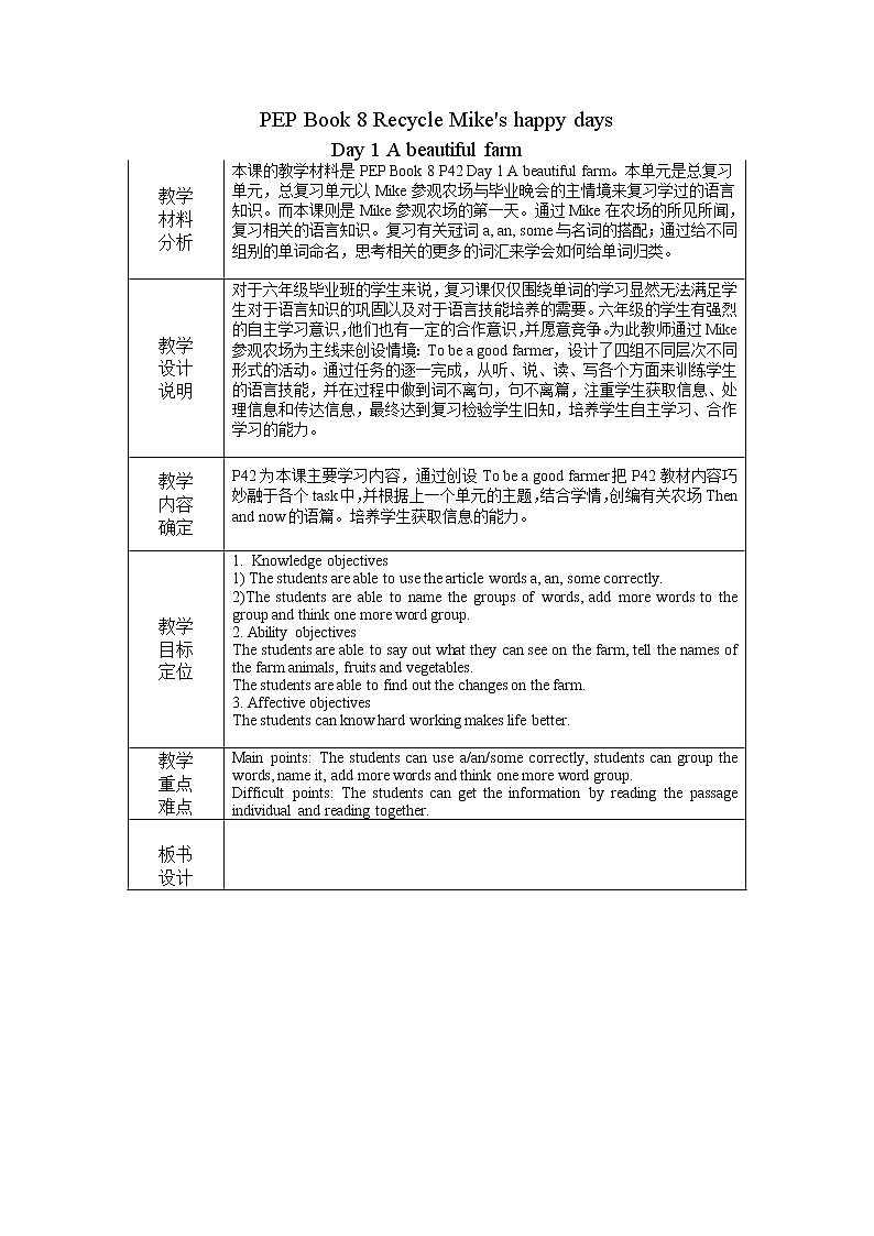人教版（PEP）Recycle Mike's happy days Day 1 A beautiful farm（教案） 英语六年级下册01