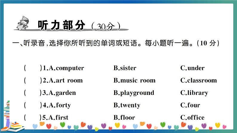 人教PEP四年级下册英语英语Unit 1 测试卷+答案+听力+试题讲解PPT02