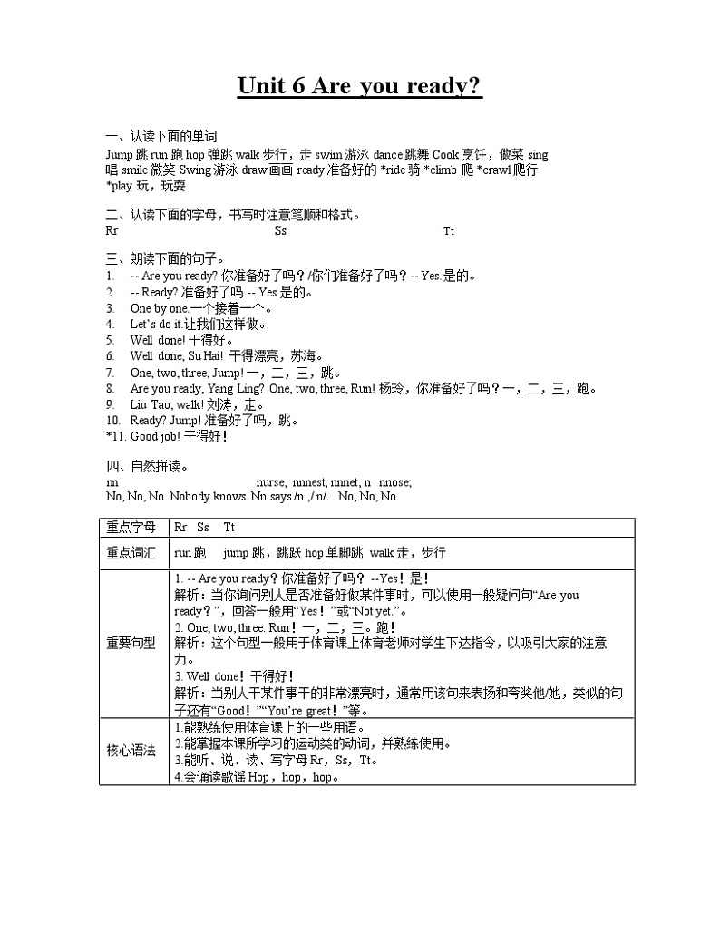 译林版小学英语一下 Unit 6 Are you ready 知识点梳理+同步练习01