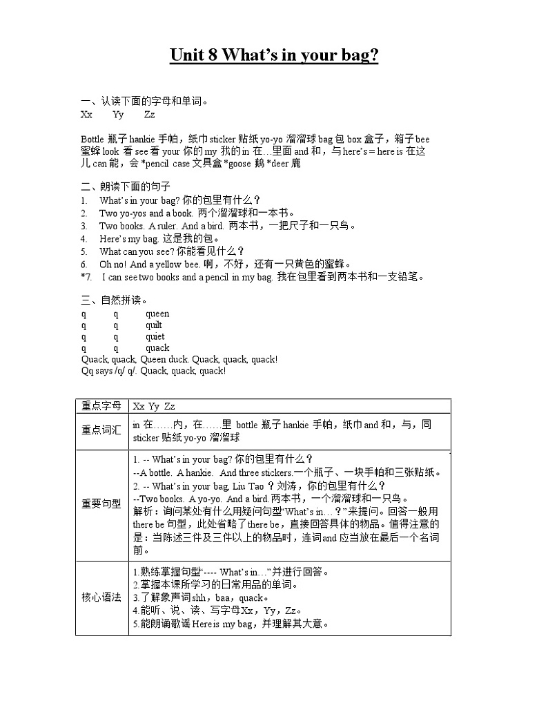 译林版小学英语一下 Unit 8 What's in your bag 知识点梳理+同步练习01