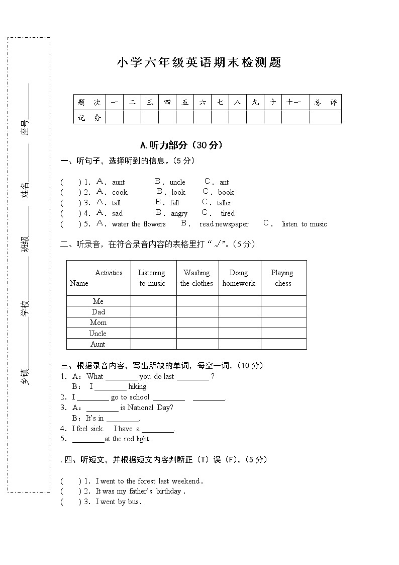 春季人教PEP版六年级英语下册期末测试卷 (4)第1页