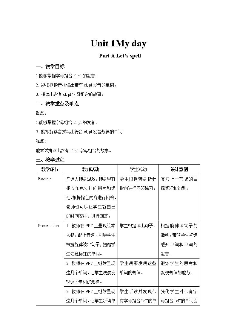 人教版（PEP）英语五年级下册-Unit 1My day A Let’s spell 教案第1页
