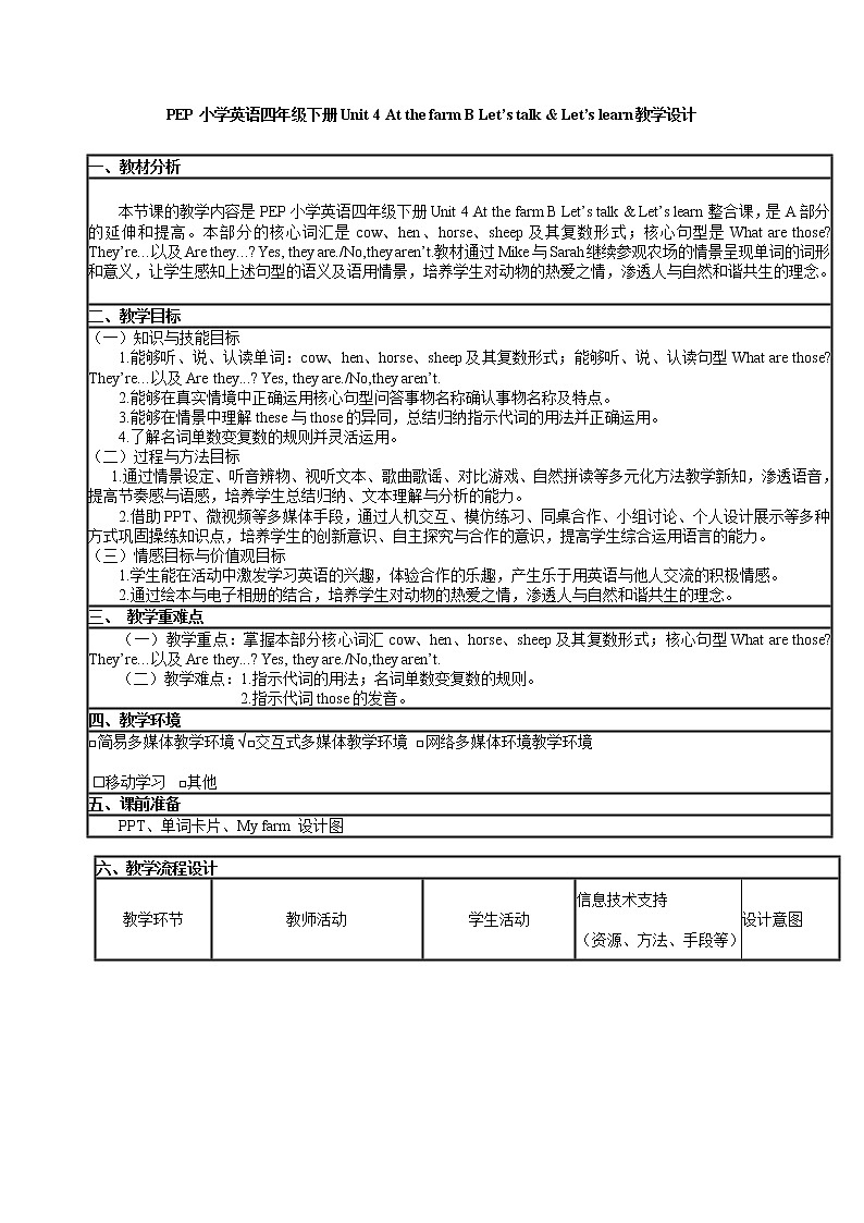 人教版（PEP）四年级下册Unit 4 At the farm B Let’s talk & Let’s learn（教案）01