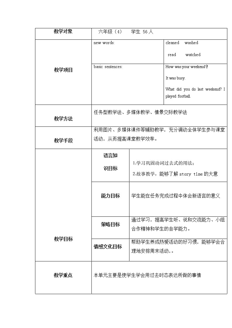 人教版（PEP）Unit Two Last weekend Part C Story time（教案） 英语六年级下册02