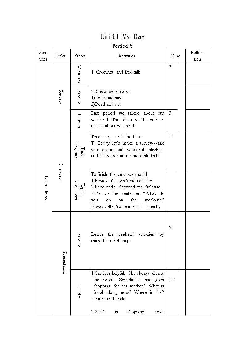 Unit 1 My day  Part B let's talk 全英文教案（表格式）01