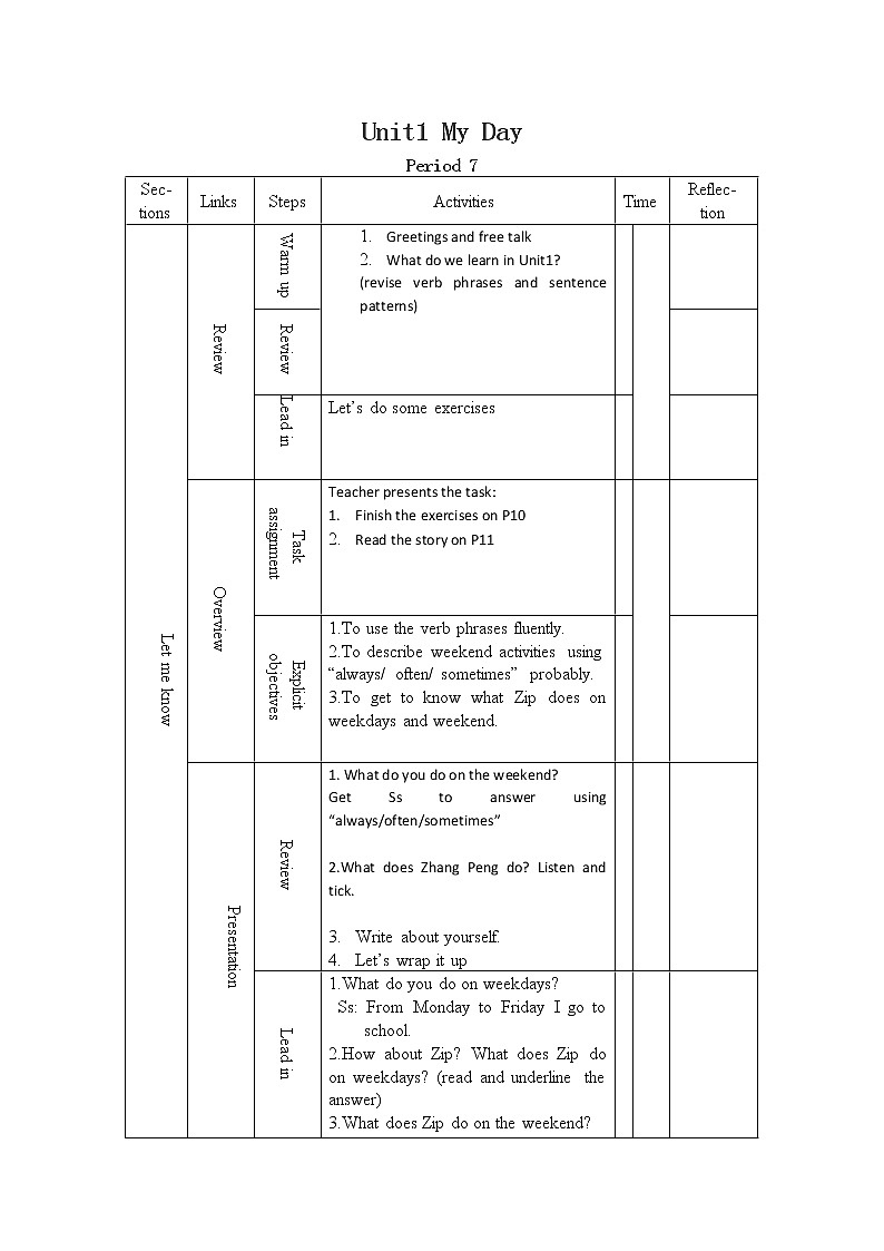 Unit 1 My day  Part C revision 全英文教案（表格式）第1页