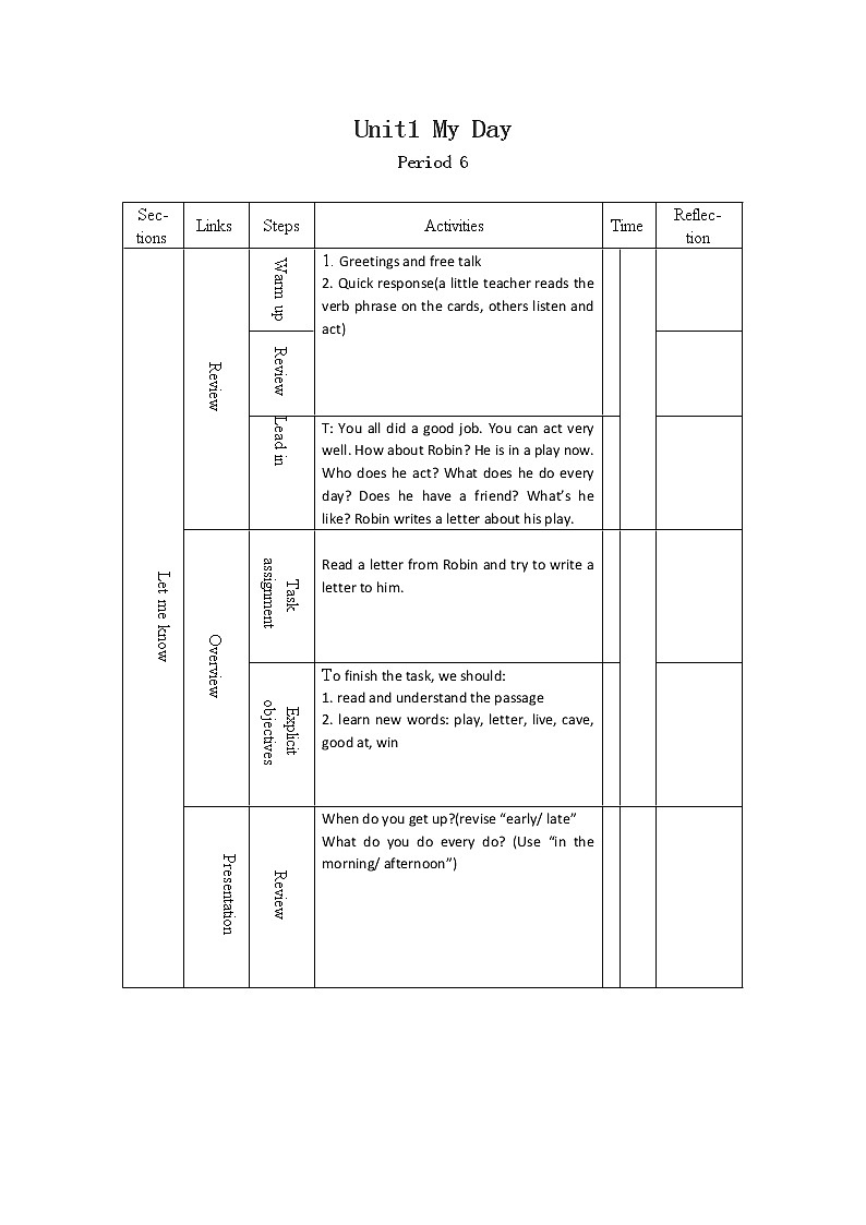 Unit 1 My day  Part B read and write 全英文教案（表格式）01