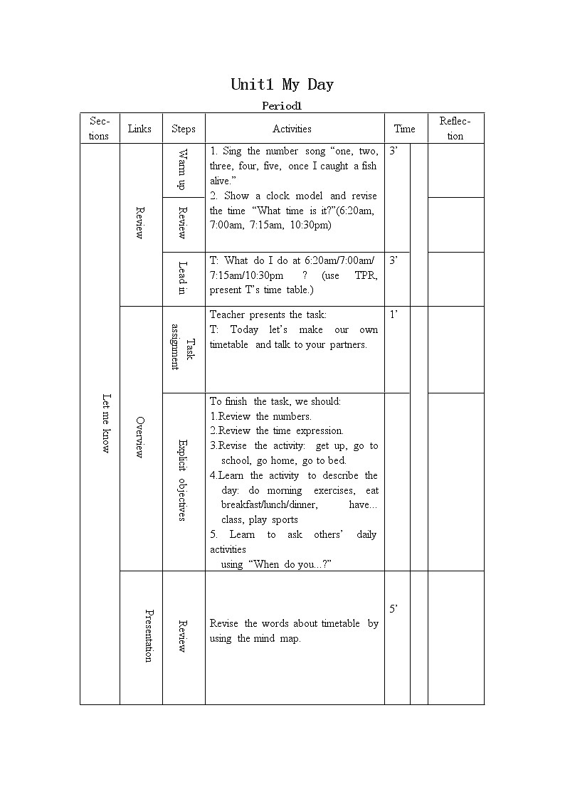 Unit 1 My day  Part A let 's learn 全英文教案（表格式）第1页
