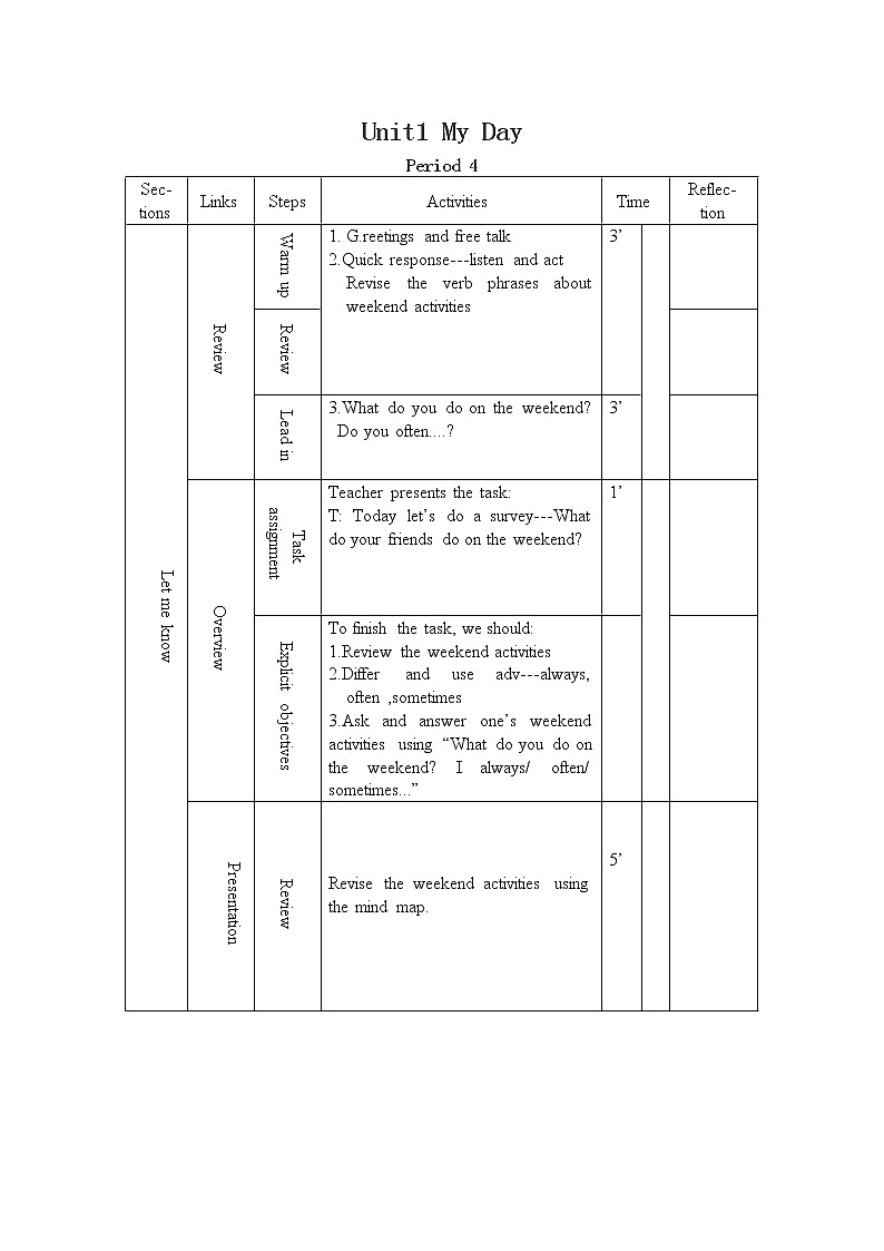 Unit 1 My day  Part B let's learn 全英文教案（表格式）01