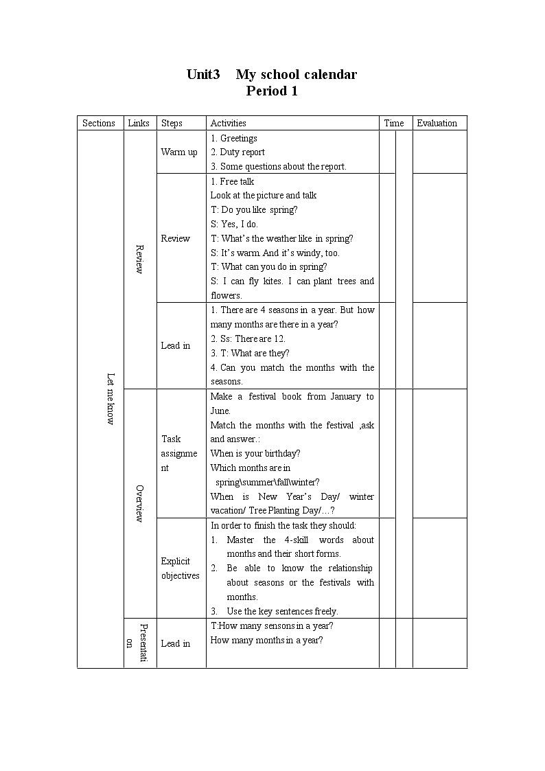 Unit 3 My school calendar A let 's learn全英文优质教案表格式第1页