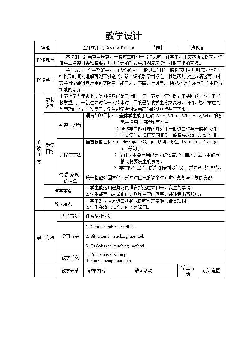 外研版（三年级起点）五年级下册Review Module Unit2 教案01