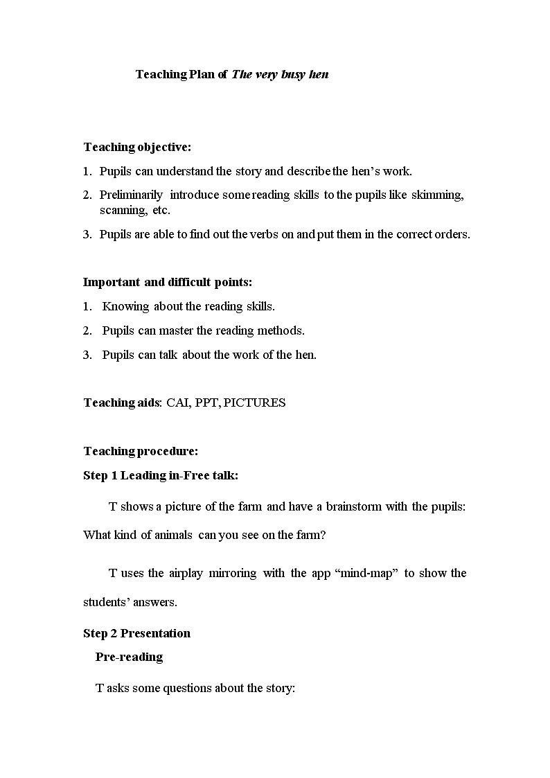 人教版（PEP）英语四年级下册 拓展阅读The very busy hen（教案）01