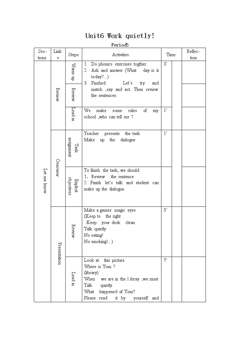 Unit 6Work quietly B let 's talk全英文优质教案 表格式第1页
