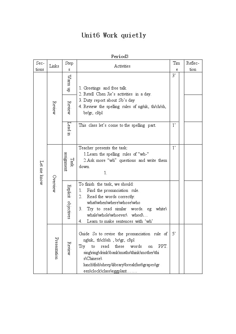 Unit 6 Work quietly A let 's spell全英文优质教案 表格式第1页