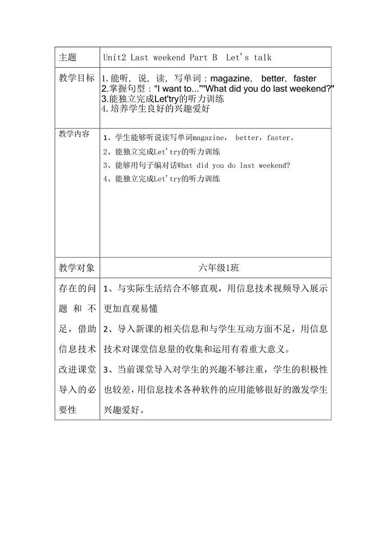 A5技术支持的课堂导入设计英语Unit 2 Last weekend教案01