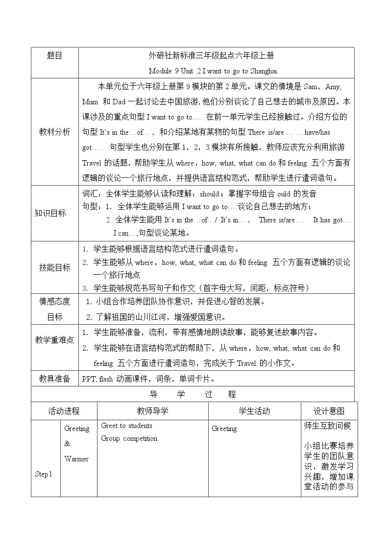 六年级上册英语教案 Module 9 Unit 2 I want to go to Shanghai. 外研版（三起）01