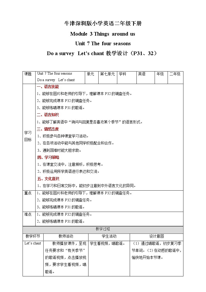 二年级下册英语-Unit 7 The four seasons Do a survey Let's chant 教案   沪教牛津版01