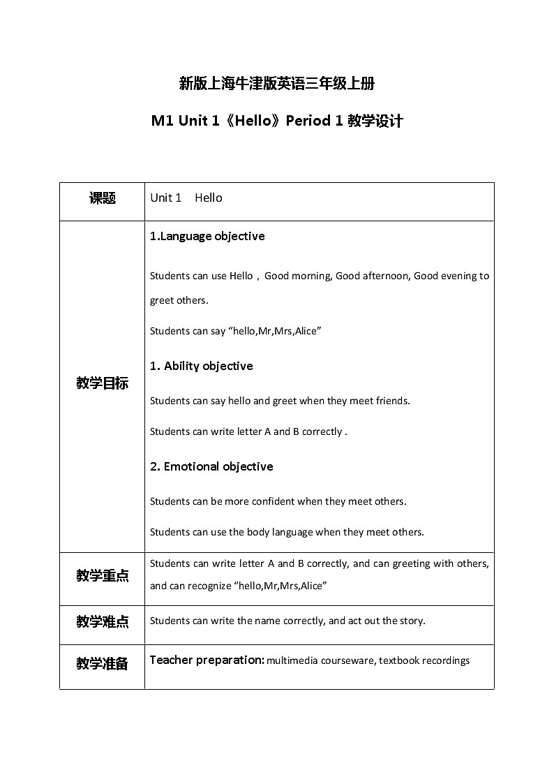 Unit 1 Hello Period 1（教学设计）第1页