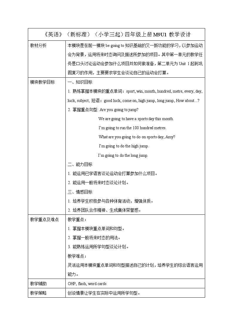 小学英语 外研版（三年级起点）四年级上册Module 9 Unit 1表格式教学设计01