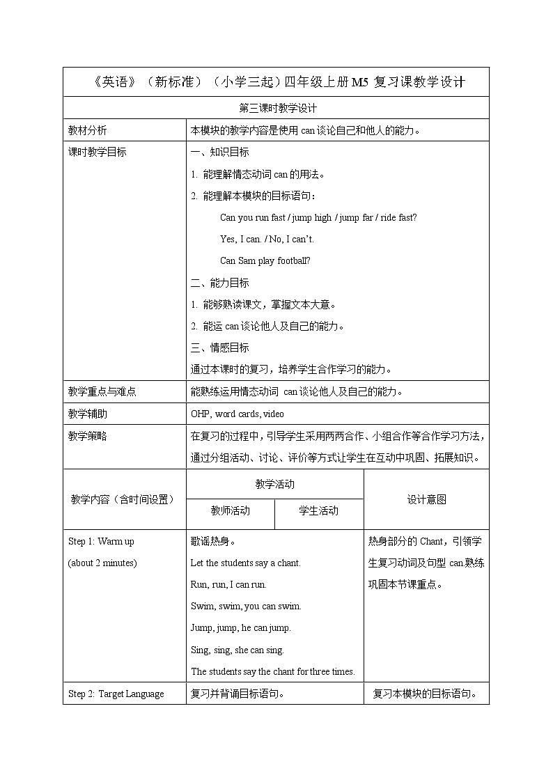 小学英语 外研版（三年级起点）四年级上册Module 5复习 表格式教学设计01