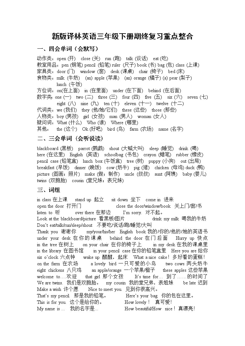 译林版英语三年级下册期终复习重点整合第1页