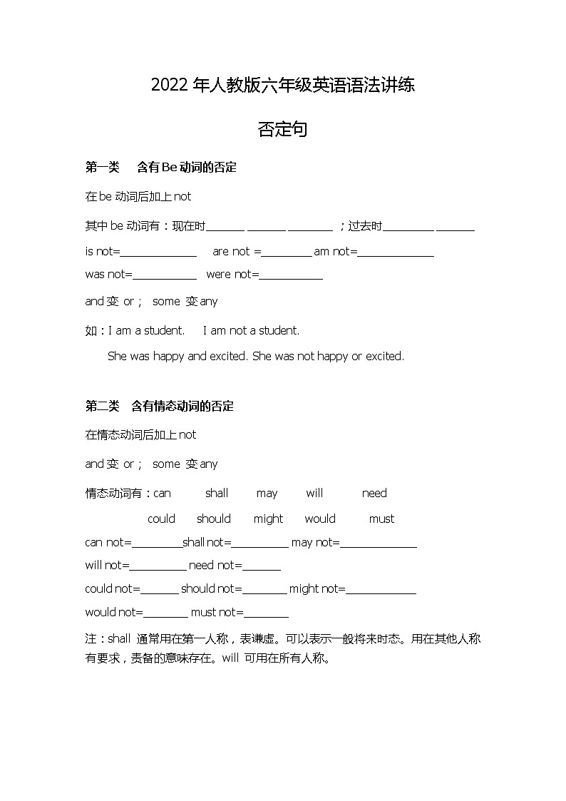 2022年人教版六年级英语语法讲练--否定句第1页