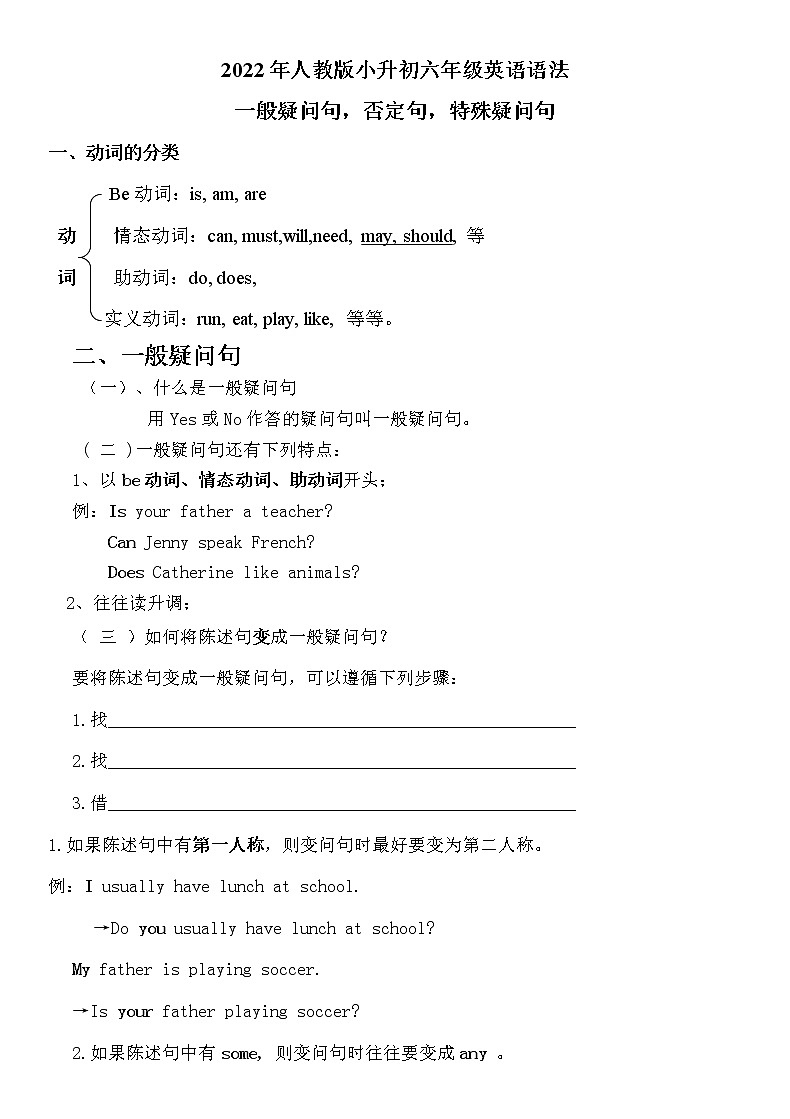 2022年人教版小升初六年级语法：一般疑问句、否定句、特殊疑问句练习题01