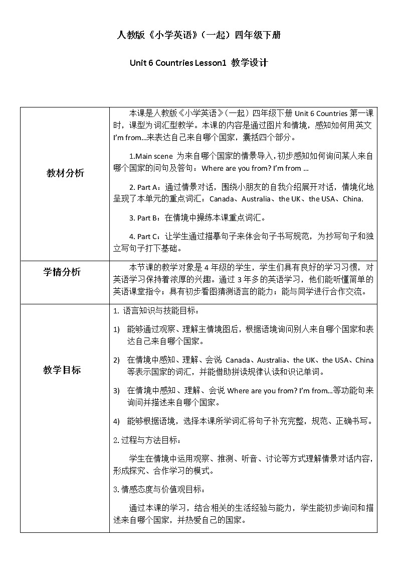 英语人教新起点（一起）四年级下册-Unit6 Countries Lesson1 教学设计第1页